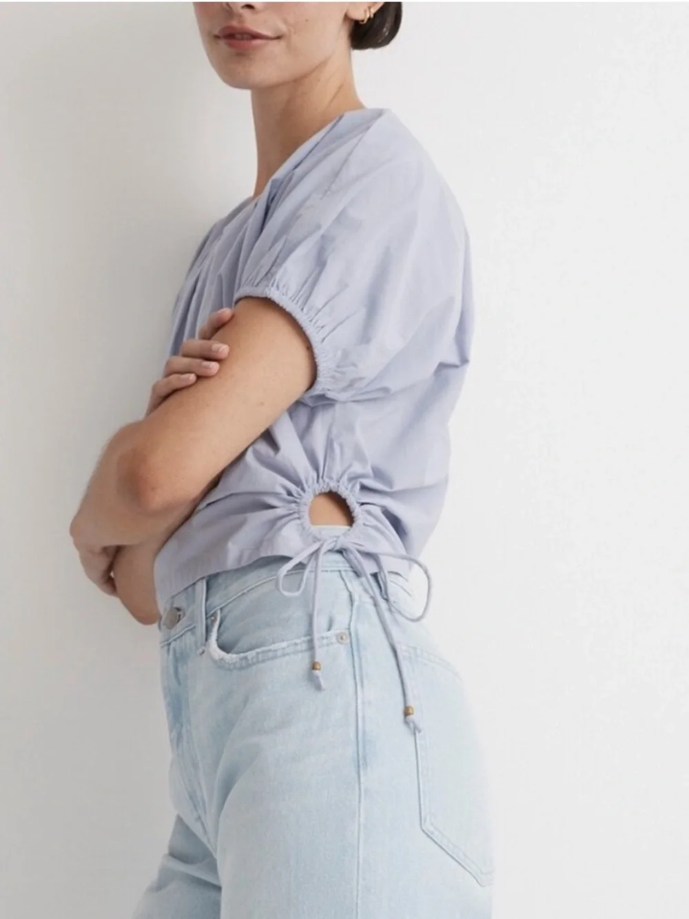 Madewell Light Lavender Short-Sleeve Poplin Top with Side Tie Cutout